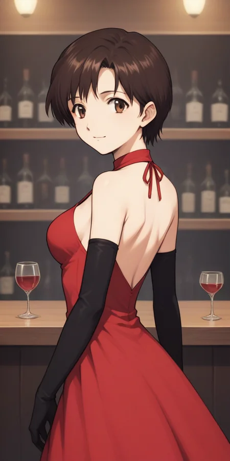 score_9, score_8_up, score_7_up,
1girl, solo, at bar,
, source_anime,
<lora:ibukimaya_01XLP:1>, ibukimaya, very short hair, brown hair, brown eyes, long dress, red dress, halterneck, elbow gloves