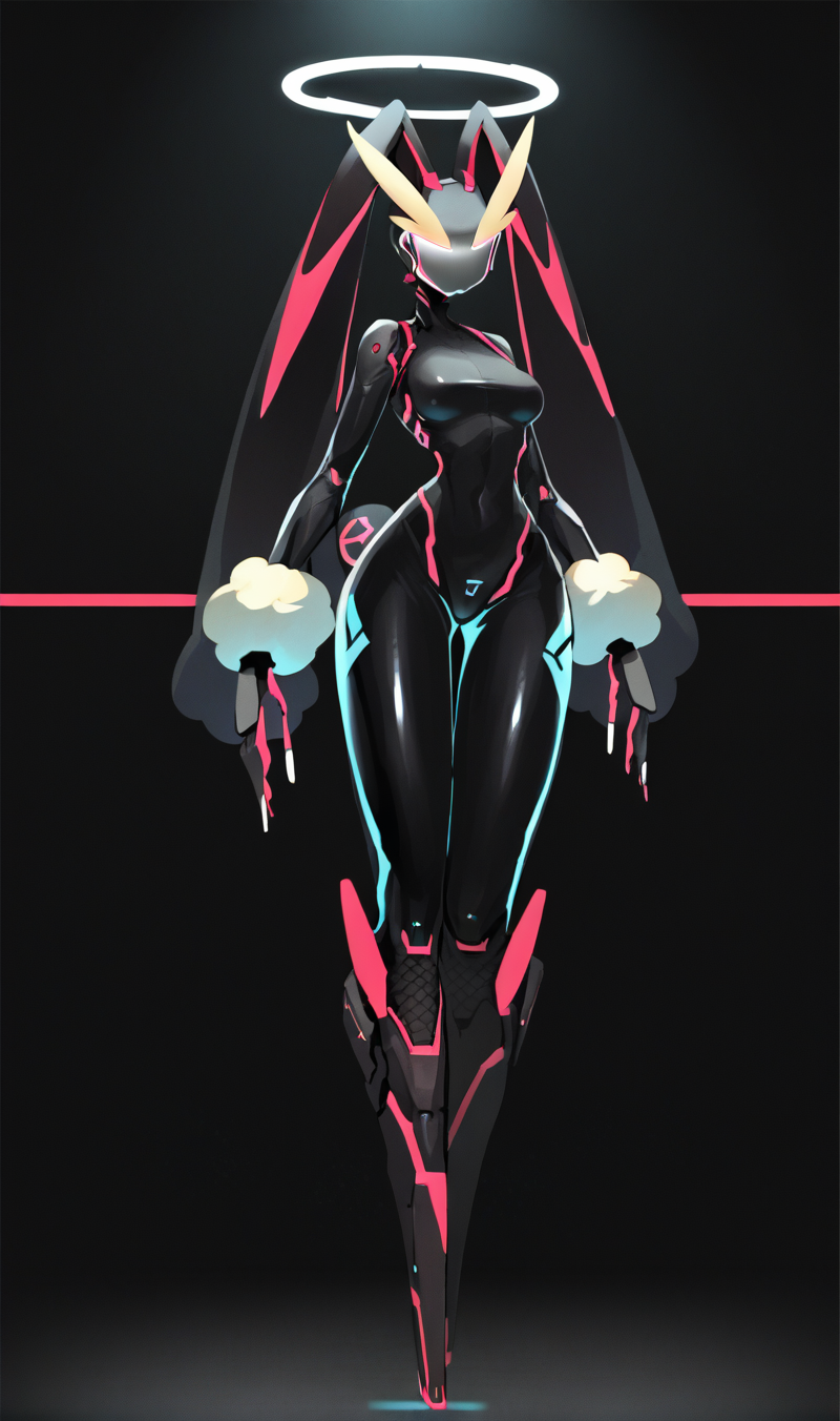 Score_9, score_8_up, score_7_up, score_6_up,  source_anime, 1girl, solo, full body, black backdrop, robot girl,  neon trim, glowing brown bodysuit, halftones, medium breasts, halo, glowing visor,  <lora:HORiZON_DOLLS_by_EchanisEnicha-000010:1>, BREAK,  lopunny, pokemon