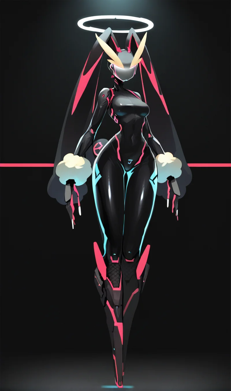 Score_9, score_8_up, score_7_up, score_6_up, source_anime, 1girl, solo, full body, black backdrop, robot girl, neon trim, glowing brown bodysuit, halftones, medium breasts, halo, glowing visor, <lora:HORiZON_DOLLS_by_EchanisEnicha-000010:1>, BREAK, lopunny, pokemon