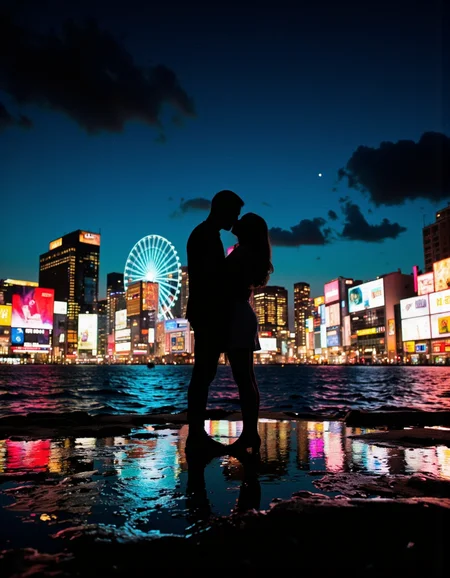 By Ibai Acevedo. A photorealistic low angle shot, capturing a romantic scene of a kissing couple standing in a sea with a backgrounf of a cityscape at night, silhouetted against a vibrant neon-lit cityscape. The couple, a man and a woman, their faces close together, their silhouettes illuminated by the bright lights of the city. The cityscape behind them is filled with colorful neon signs and a large Ferris wheel, adding to the vibrant atmosphere of the scene. The sky is dark, with a few clouds scattered across it, creating a sense of depth and dimension. The puddle of water reflects the lights of the surrounding buildings and structures, making the scene even more captivating. The overall mood of the image is one of intimacy and connection, with the couple standing close together, their long hair cascading down their backs as they gaze into each other's eyes.
