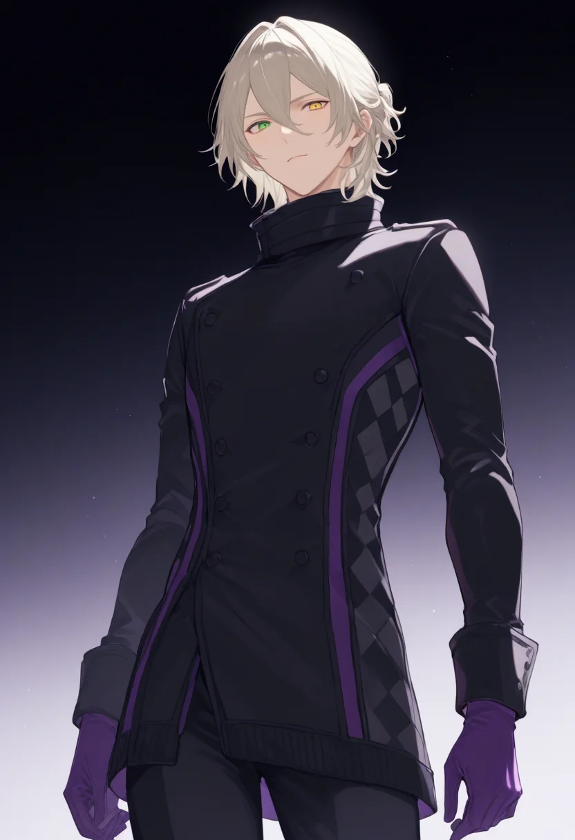 <lora:Kaname_Kuruto>,date kaname,1boy,male focus,solo,gloves,purple gloves,standing,smile,black coat,black pants,closed mouth,looking at viewer,pants,buttons,green eyes,yellow eyes,heterochromia,cowboy shot,masterpiece,high score,great score,absurdres,