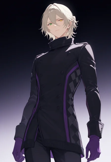 <lora:Kaname_Kuruto>,date kaname,1boy,male focus,solo,gloves,purple gloves,standing,smile,black coat,black pants,closed mouth,looking at viewer,pants,buttons,green eyes,yellow eyes,heterochromia,cowboy shot,masterpiece,high score,great score,absurdres,