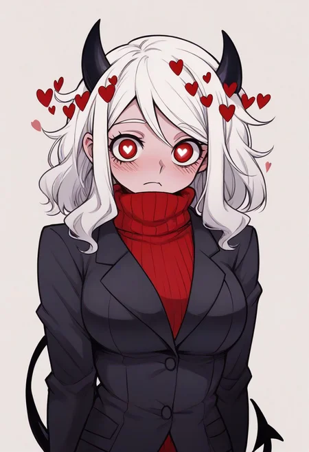 <lora:flattening-ponyxl-v1:1.3>, ,, Modeus_(Helltaker),horns, heart, demon girl, demon horns, heart-shaped pupils, symbol-shaped pupils, black horns, medium hair,demon tail, sweater, red sweater, tail, ribbed sweater, long sleeves, turtleneck, black jacket, formal, suit,, Anime eyes, anime face,<lora:add-detail-xl:0.7> <lora:xl_more_art-full_v1:0.1>