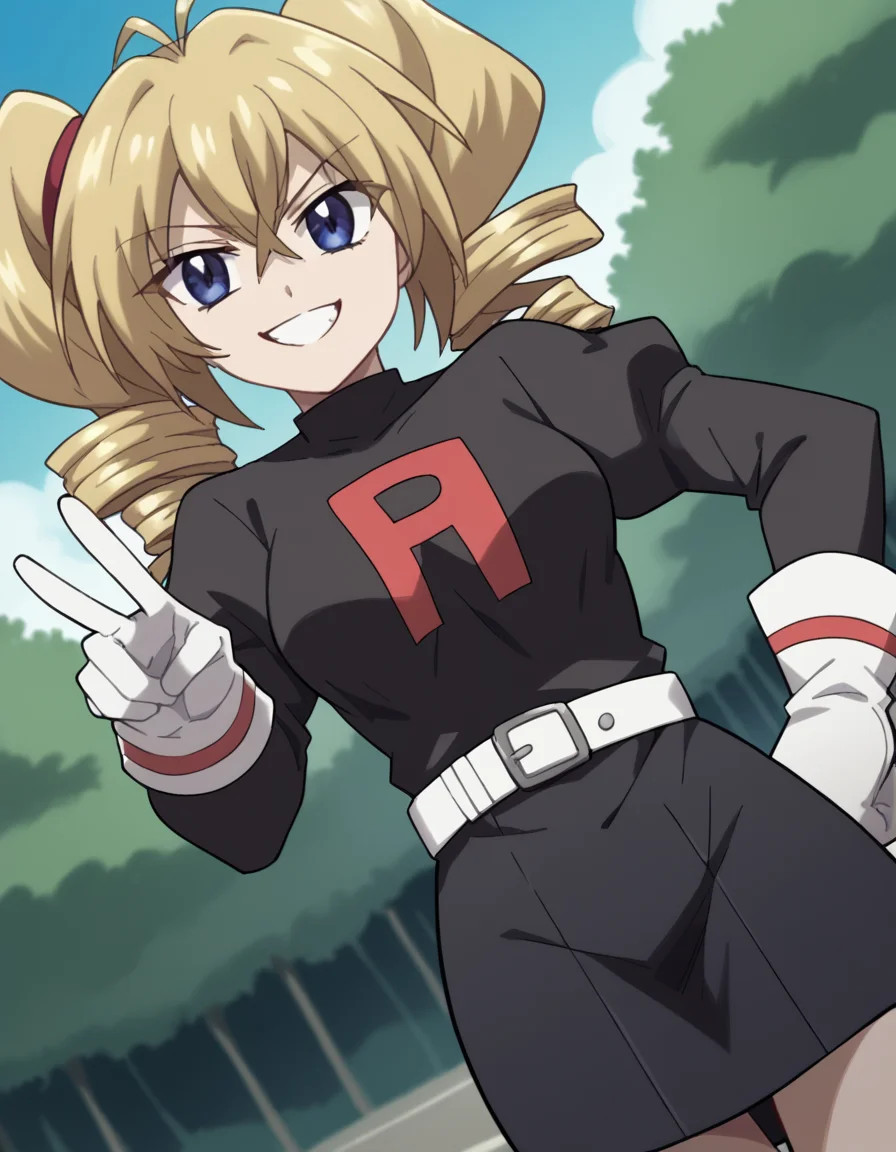score_9, score_8_up, score_7_up, source_anime, <lora:ravel-phenex-s1-ponyxl-lora-nochekaiser:1>, ravel phenex, blue eyes, blonde hair, twintails, drill hair, antenna hair, medium breasts, <lora:team-rocket-uniform-ponyxl-lora-nochekaiser:1>, team rocket uniform, black hat, black shirt, black skirt, white belt, white gloves, single letter,, smile, smug, v, outdoors,, , cowboy shot, dutch angle,
