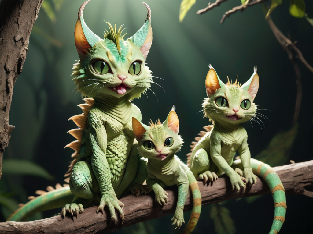 high-resolution photo of a family of green lizard-cat-monster-crossbreeds sitting on a branch, long_tongue, big_eyes,highly detailed fluffy fur and scaly_skin, cat-ears,frills, lizard-cat-tails, analog film,  film photography, soft lighting, heavy shadow, 16k HDRI, sharp focus, lots of detail, cinematic earthy lighting