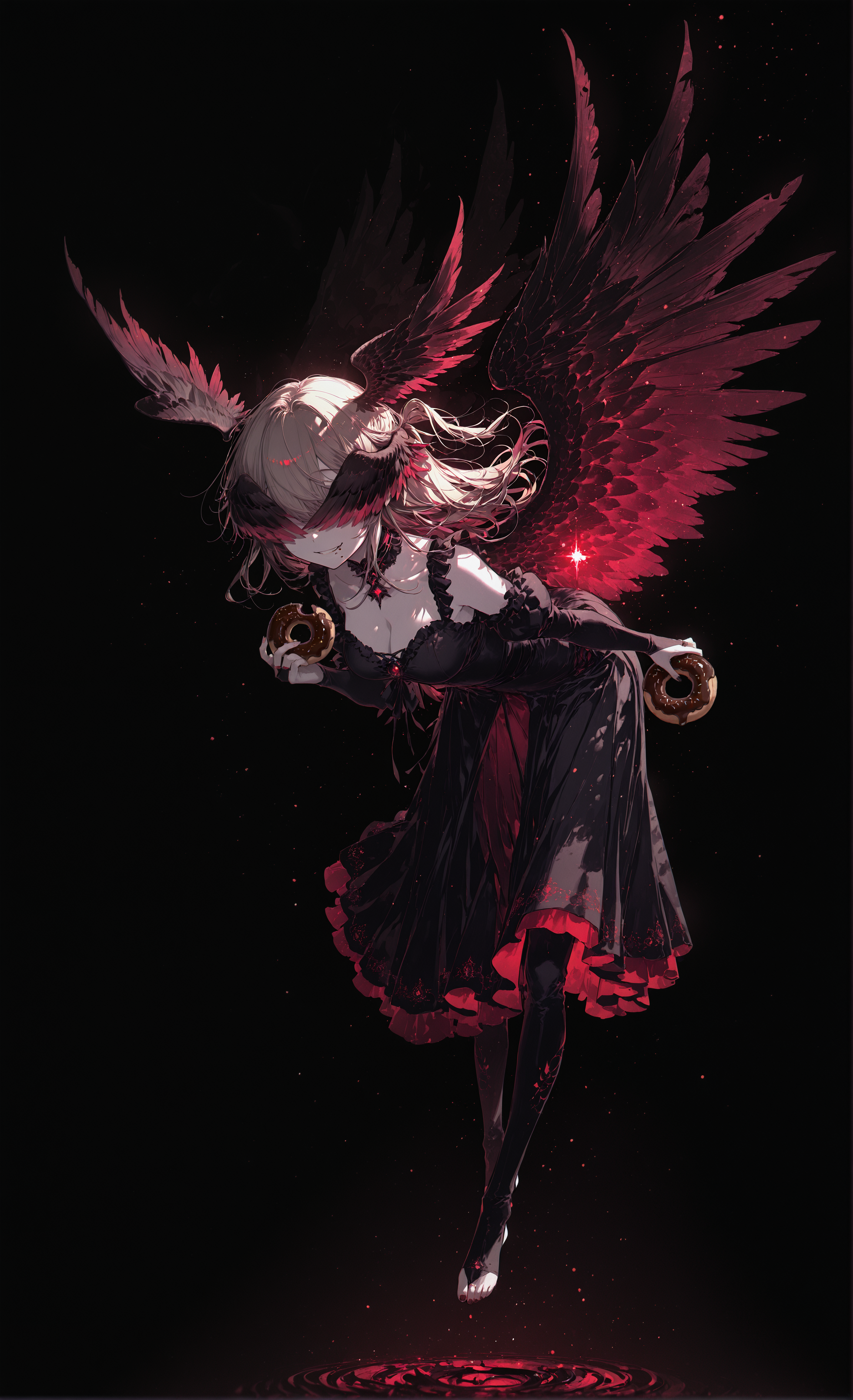 masterpiece, sharp detail, intricate detail, 1girl, (rella, konya karasue),  dark blonde, blouse, collarbone, feather hair, (head wing, (head wings) covering eyes:1.4), evil grin, smile, long hair, massive wings, pale skin, night sky, multiple wings, medium breasts, long skirt, glowing red inner skirt, gradient feather, glowing wings, bridal gauntlets, dynamic angle, toeless legwear, levitation, flying, holding doughnut, chocolate on face, dynamic pose, dynamic angle, chromatic aberration,   <lora:Chon_style:1>, BREAK chiaroscuro, volumetric lighting, dappled light, dramatic shadows, cinematic lighting, detailed background, light and shadow contrast,  <lora:V2_yakumo_alchemy:0.6> glowing light particles, light particles,<lora:illustriousXL_stabilizer_v1.72:0.3> <lora:r-hrtdrp:0.3>