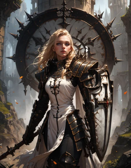 score_9, score_8_up, score_7_up, score_6_up, score_5_up, score_4_up,  masterpiece, high quality, solo, crsadr, knight, pauldrons, full armor, long hair, gauntlets, shield, pelvic curtain, holding weapon, flail, braid, side cut, upper body, white fabric