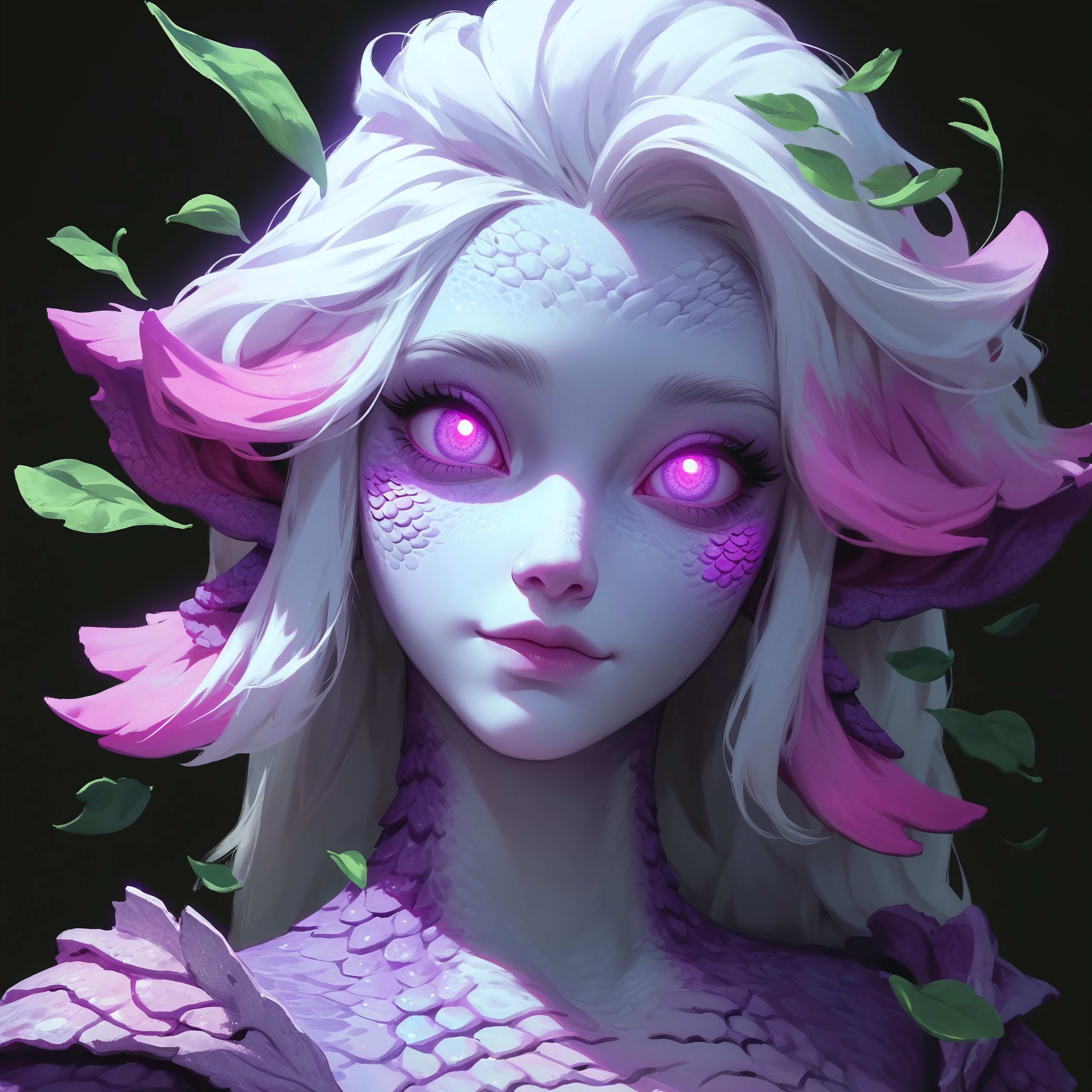 score_9,score_8_up,score_7_up, 1girl, dryad,  , leaf hair, white hair,  glowing  eyes, purple scalars,  purple eyes, flat colour eyes, mature, glowing freckles , , cute, tilted, 
pink streak in leaf, closeup, glow spots, black background, white skin, glowing scales, 