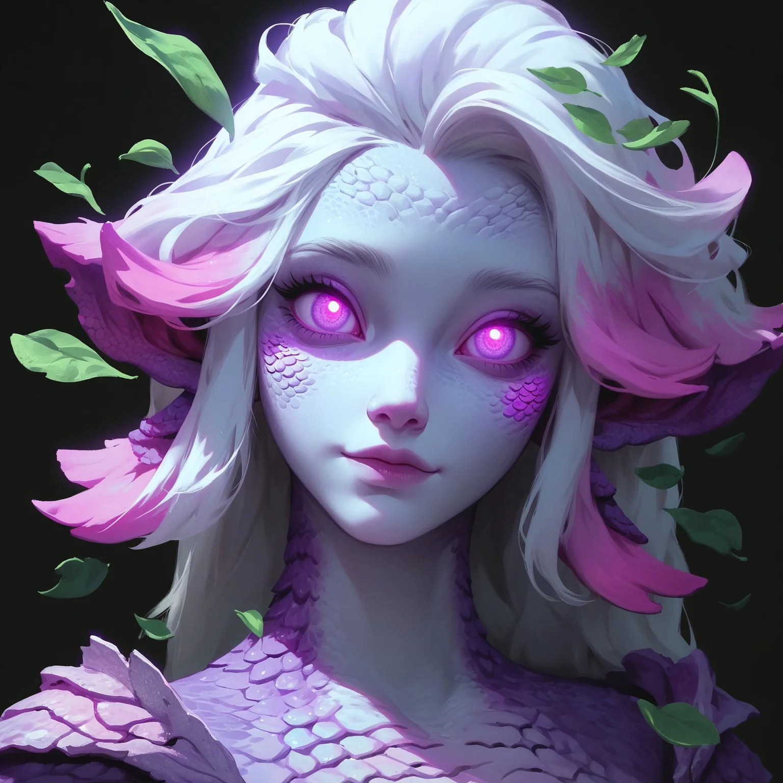 score_9,score_8_up,score_7_up, 1girl, dryad, , leaf hair, white hair, glowing eyes, purple scalars, purple eyes, flat colour eyes, mature, glowing freckles , , cute, tilted,
pink streak in leaf, closeup, glow spots, black background, white skin, glowing scales,