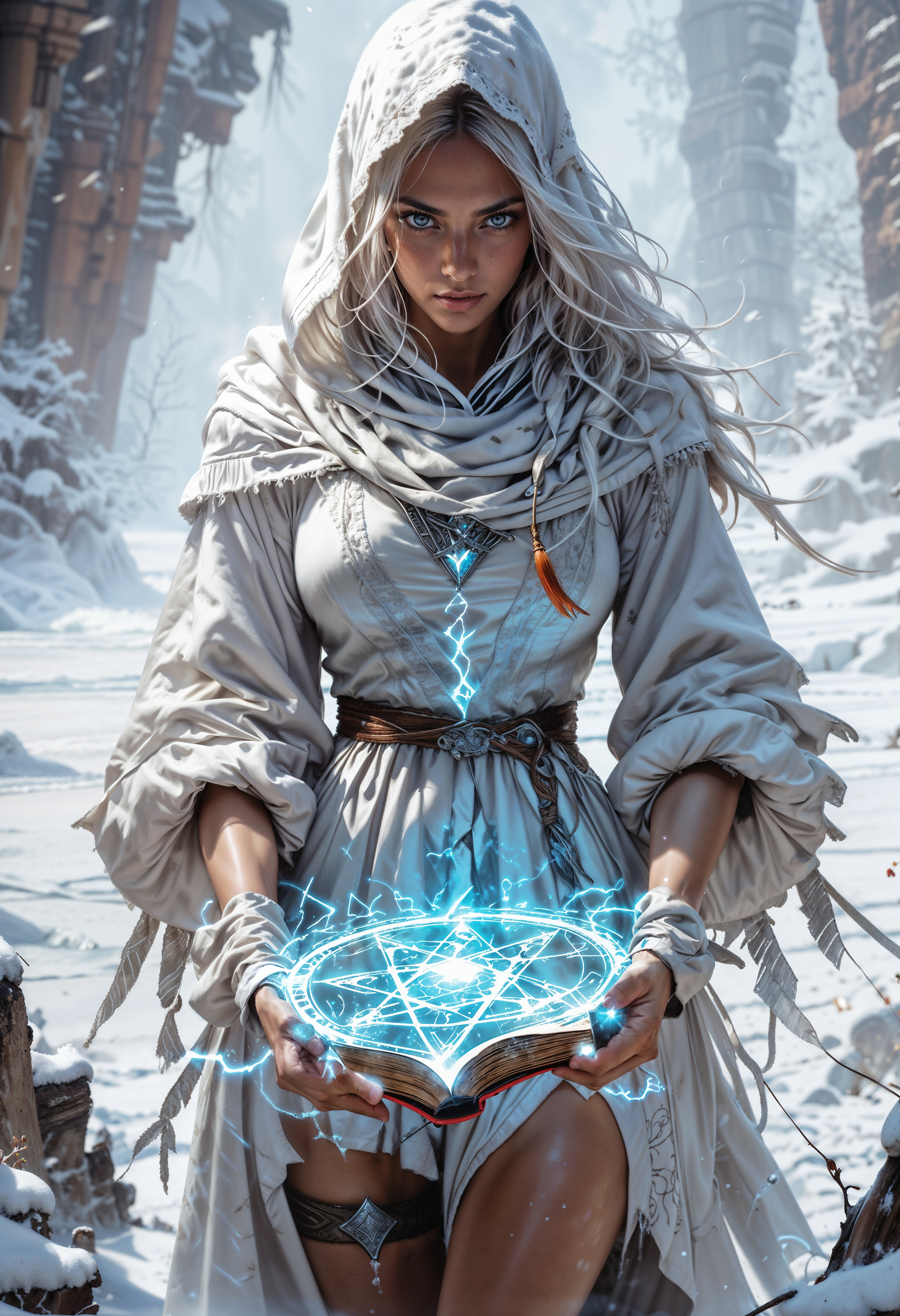 score_9, score_8_up, score_7_up, score_6_up, score_5_up, score_4_up,  sorceress, casting ice magic spells, white hood, medium breasts, colorful eyes, freckles, white hair, magic circle, thigh strap, petite, 1girl, delicate and smooth skin, blush, perfect body, thighs, large breasts, highly detailed, glossy lips, looking at viewer, tomes in background, magic book, ritual, frost, cold, snow,    <lora:Fant5yP0ny:0.8>,  <lora:Fantasy_Wizard__Witches_PonyV2:0.8> hkmagic