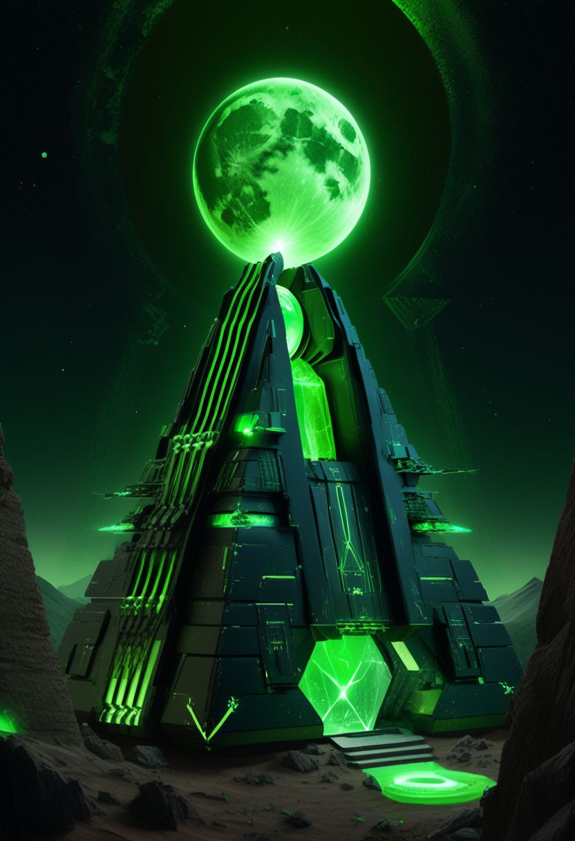 ((masterpiece, best quality)), high resolution, 32k picture, professional render, trending on artstation, 
Necron, (pyramid), giant crystal, 
 electricity, green theme, green moon, starry sky, space,