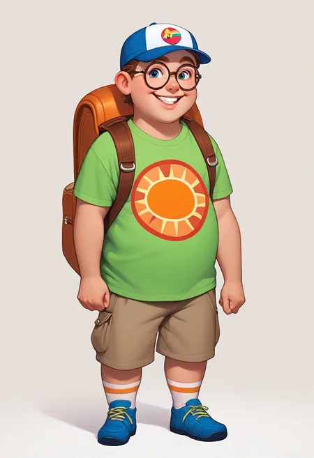 score_9, score_8_up, score_7_up, mercasg, BREAK 1boy, little boy, solo, fat, smile, joyful, scout, without one tooth, teeth, short brown hair, blue eyes, round black-rimmed glasses, (yellow handkerchief fastened with a bead around his neck:1), green backpack, ((red T-shirt with an orange pattern:1.5)), brown shorts, brown strap with a gray buckle, light brown socks with thin stripes, blue shoes, blue and white cap, badge hanging on the strap of a backpack, BREAK ((hands holding the straps of backpack)), standing, full body, full body shot, looking at viewer, semi-sideways, half-sideways, BREAK simple background, white background