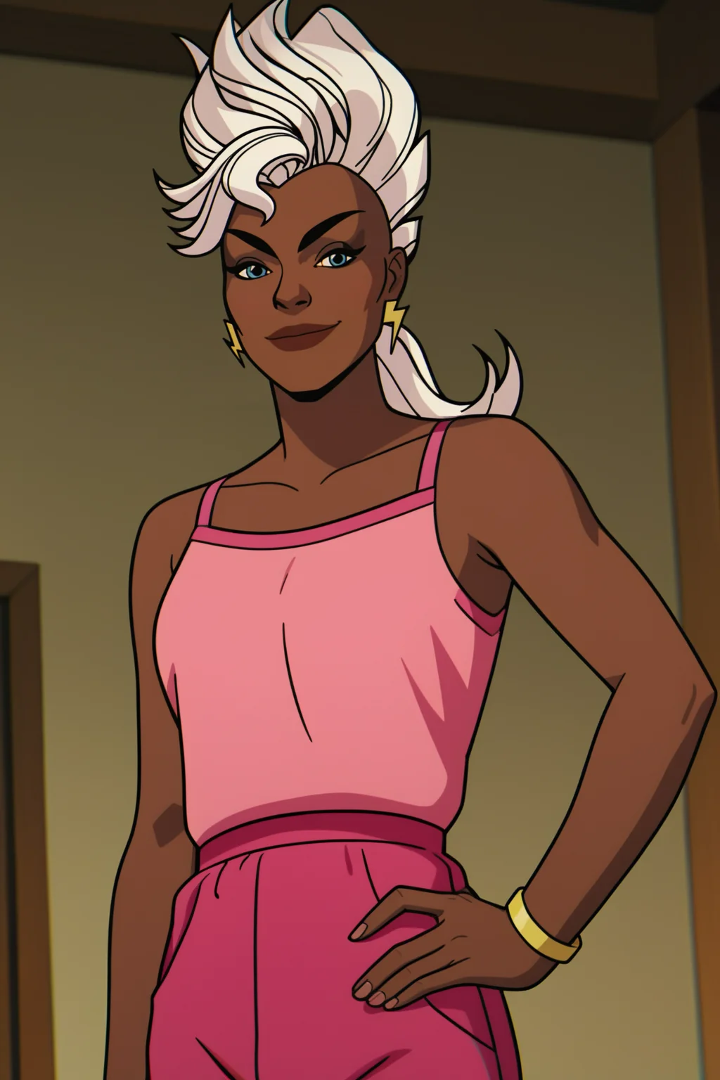 score_9, score_8_up, score_7_up, score_6_up, score_5_up, score_4_up, BREAK, <lora:Storm-000007:1>, 1girl, Ororo, blue eyes, very dark skin, white hair, mohawk, pink tank top, pink pants, standing, hand on hip, peace sign, smiling, closed mouth