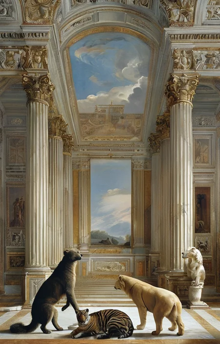masterpiece,best quality,<lora:tbh355-sdxl:0.6>,illustration,patten of Neoclassicism, animals