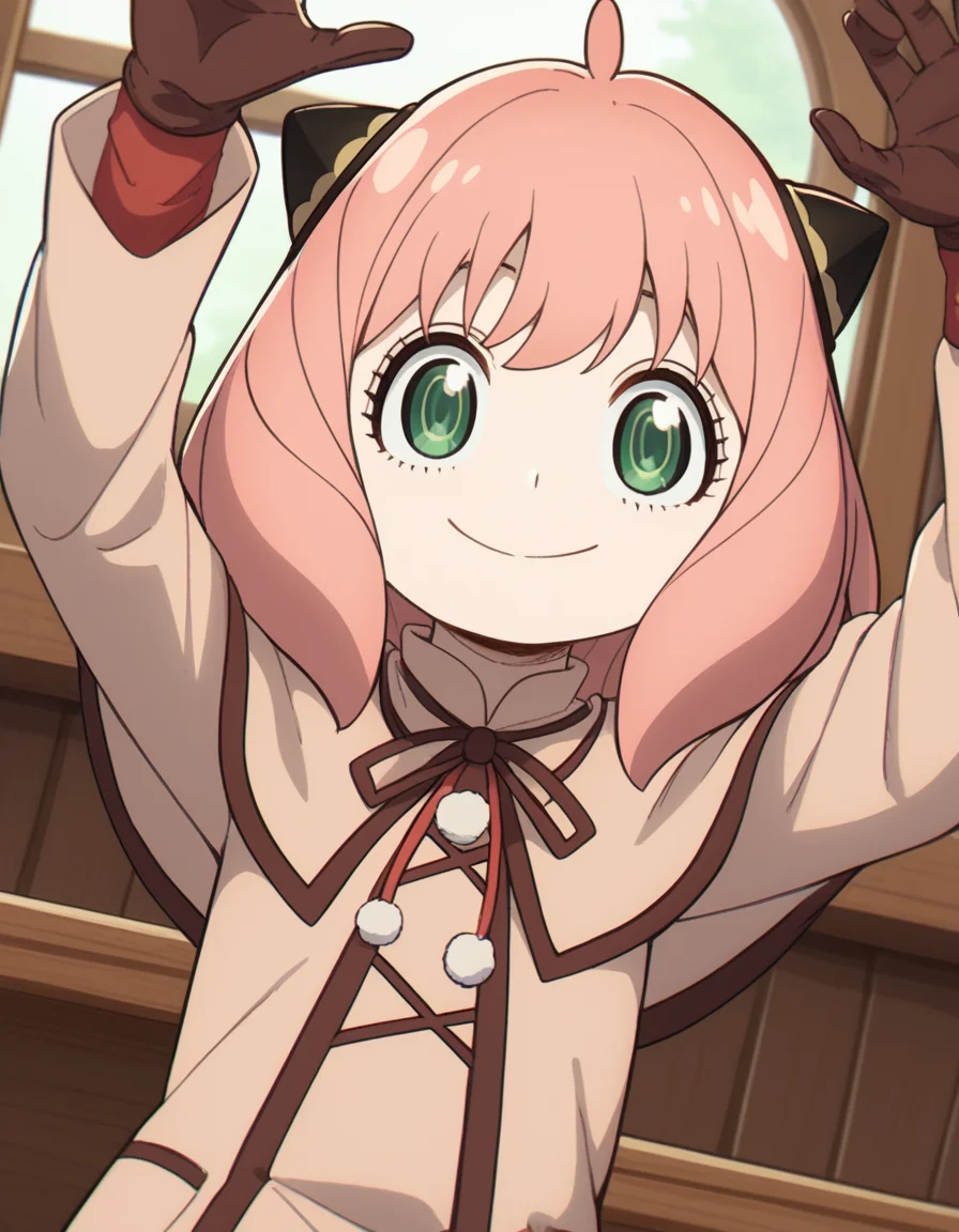 score_9, score_8_up, score_7_up, source_anime, <lora:anya-forger-movie-ponyxl-lora-nochekaiser:1>, anya forger, anya (spy x family), bangs, green eyes, pink hair, ahoge, child, female child, hairpods,, gloves, long sleeves, ribbon, brown gloves, capelet, robe,, cafe, coffee cup, barista, sitting down, talking, relaxing, sunlight through window, smile, looking at viewer, on back, arm support, arms up, incoming hug, pov, reaching, reaching towards viewer,, solo,, cowboy shot, dutch angle,