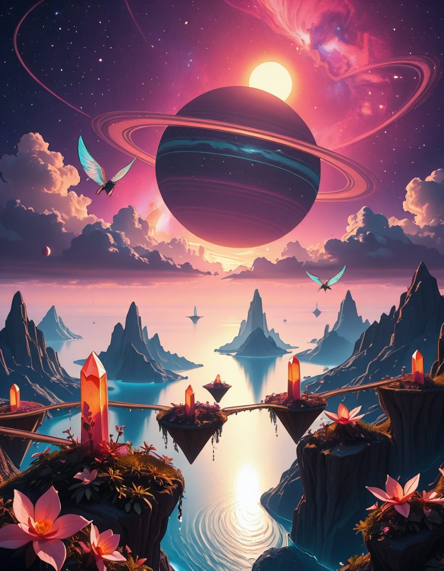 A breathtaking, high-resolution photograph of a celestial paradiseâa stunning, habitable planet floating in the vastness of space. The sky is a mesmerizing blend of deep purples, blues, and pinks, illuminated by twin suns casting golden light over the landscape. Towering crystal mountains shimmer in the distance, reflecting the vibrant hues of the nebula-filled sky. A vast, glowing ocean stretches across the horizon, its surface gently rippling with bioluminescent waves. Floating islands covered in lush, alien vegetation hover above the water, connected by natural bridges of luminescent vines. Exotic, radiant flowers bloom in every color imaginable, while gentle, ethereal creatures with translucent wings glide through the air. In the sky, a massive ringed gas giant looms majestically, its swirling clouds casting soft shadows over the dreamlike terrain. The air shimmers with floating particles of light, creating a surreal, otherworldly ambiance. The entire scene feels like a cosmic utopiaâtranquil, awe-inspiring, and untouched by time.
<lora:SDXLFaeTastic2400:0.4> <lora:extremely_detailed:0.4> extremely detailed,Celestial p4r4d1s3, <lora:Celestial_p4r4d1s3-i:1>, Masterpiece,best quality,hi res,8k,hi res,8k,award winning,(sharp focus, intricate, highly detailed),