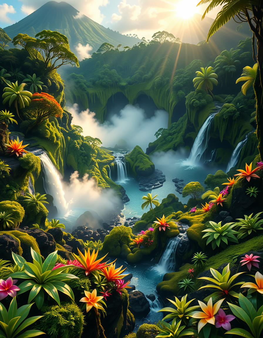A breathtaking view of an ancient, dormant volcano now transformed into a lush, vibrant natural sanctuary. The crater is filled with dense tropical forests, colorful exotic flowers, cascading waterfalls, and mist swirling gently in the morning light. Vines and moss cover the dark volcanic rocks, and small streams wind down the slopes. while rays of sunlight pierce through the dense canopy, creating sparkling reflections on the water. The atmosphere feels peaceful, enchanted, and untouched by humans. The scene is depicted in an ultra-detailed, hyper-realistic style, with warm, soft lighting and rich, saturated colors that enhance the magical and serene mood of the landscape.
<lora:SDXLFaeTastic2400:0.4> <lora:extremely_detailed:0.4> extremely detailed, <lora:dormant_v0lc4n0:1>,dormant v0lc4n0, Masterpiece,best quality,hi res,8k,hi res,8k,award winning,(sharp focus, intricate, highly detailed),
