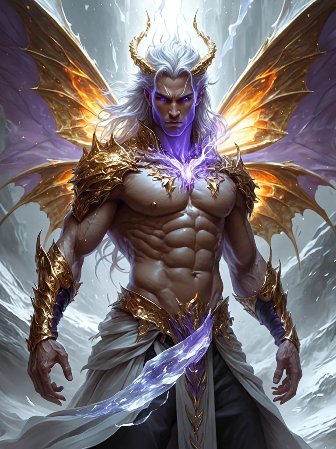 8k portrait of prompt. , intricate, elegant, highly detailed, majestic, digital photography, art by artgerm and ruan jia and greg rutkowski surreal painting gold butterfly filigree, broken glass, (masterpiece, sidelighting, finely detailed beautiful eyes: 1.2),, (Height, Tall and imposing, above average height, a warrior and king:1), (Build, Strong and muscular, a powerful physique honed through years of combat and leadership:1), (Hair, Long, silver-gold hair, worn loose or flowing, striking and ethereal appearance:1), (Eyes, Violet or lilac eyes, exuding a piercing, almost otherworldly quality:1), (Skin, Pale complexion, emphasizes his unique and otherworldly presence:1),, <lora:R0k00Gl0w1ngHD:1.1>,R0k00Gl0w1ngHD,style,(glowing_eyes, glowing, glowing_eye:1.1),, Dragon-Human aura concept art,  a dynamic and awe-inspiring concept, embodies immense power, majesty, and primal nature. Aura: based on the type of celestial, alignment neutral.  (Ice: Pale blues and whites, with frosty edges or a sparkling, crystalline effect:1). Motion & Shape: Swirling Energy: An aura that spirals or flows like a storm, showcasing raw power. Tendrils and Waves: (flames, frost, shadow). Lighting Effects: Glowing Highlights: Parts of their bodyâsuch as eyesglow with the aura's color. Dynamic Shadows: Environmental Effects: The aura influences the surroundings, such as igniting nearby objects, frosting the ground, or distorting the air. (Dragon theme, dragon motifa:0.7),