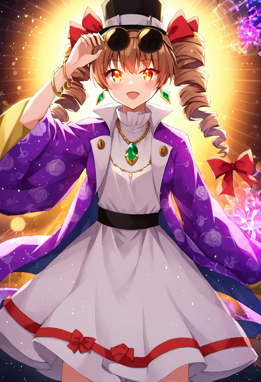 nai yorigami_jo'on, 1girl, solo, purple coat, open clothes, white dress, red ribbon, floral print, high collar, purple jacket, brown hair, (twin_drills:1.2), (drill_hair:1.2), detailed face, orange eyes, (glowing eyes:1.4), (eyewear_on_head:1.0), sunglasses, earrings, hat, bow, (top_hat:1.0), jewelry, pendant, necklace, buckle, ring, bracelet, (dynamic hand pose:1.4), fire magic, floral accessories, glowing aura, ethereal, (vivid colors:1.3), warm color palette, (light particles:1.4), glowing leaves, soft lighting, intricate details, (magical aura:1.2), (delicate ornaments:1.3), highly detailed, fantasy, (celestial atmosphere:1.4), (smooth shading:1.3), volumetric lighting, bokeh background, masterpiece, (best quality:1.2), (vibrant lighting:1.4), octane render, anime style