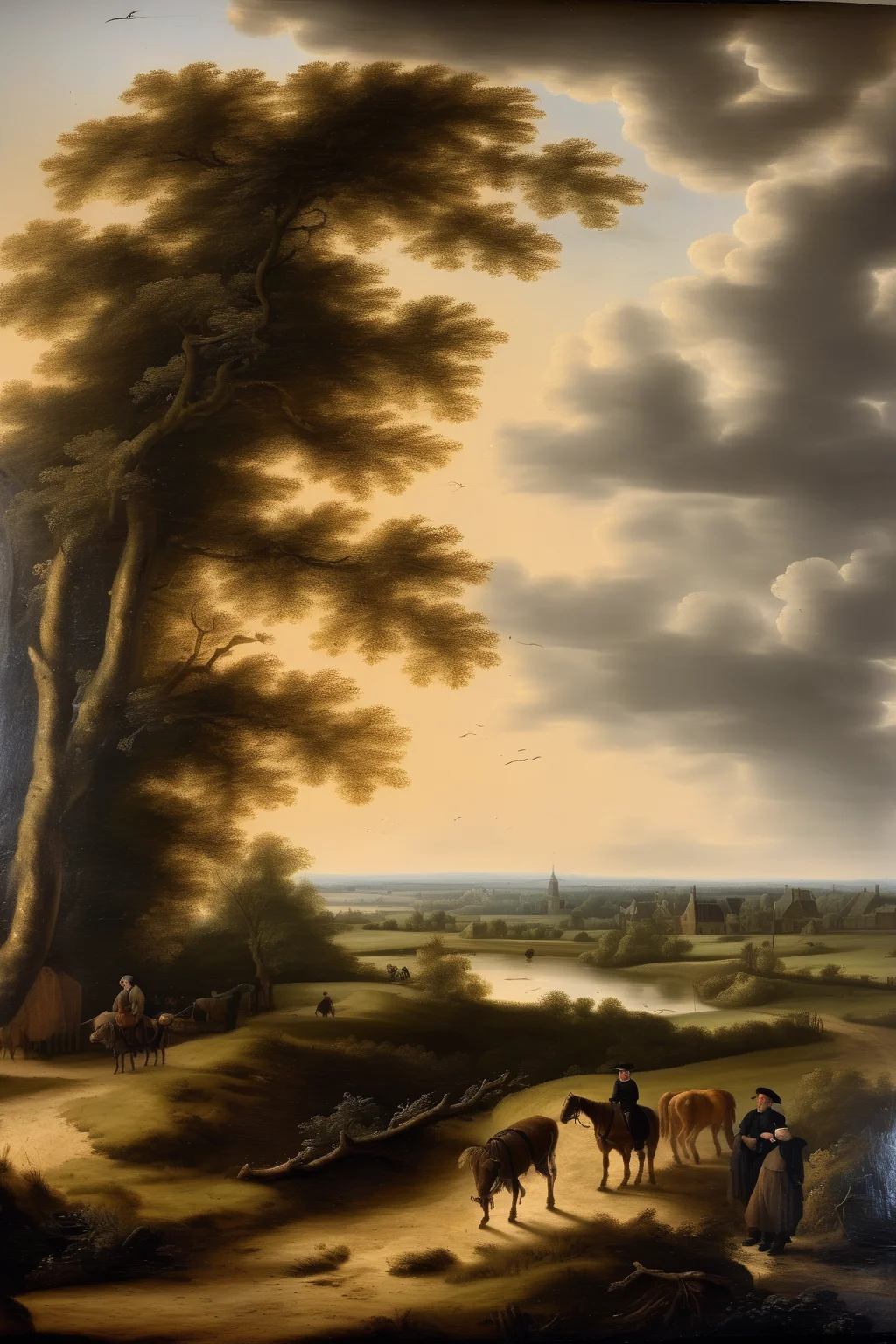 <lora:Salomon van Ruysdael Style:1>Salomon van Ruysdael Style - A realistic 17th-century landscape inspired by the works of Aelbert Cuyp, Pieter de Molijn, Pieter Nicolaes Spierinckx, Nicolas Poussi, Jacob van Ruisdael. Capture the serene mood of the european Golden Age with a vast open field stretching into the distance. Include rolling hills and a winding river that reflects the soft light of the setting sun. Pay attention to the details of the flora and fauna, showcasing the lush greenery and wildflowers of the countryside. The key focus should be on the dramatic clouds that fill the sky, casting shadows on the landscape below. Emphasize the play of light and shadow, creating a sense of depth and perspective. Use a combination of warm and cool tones to evoke the atmospheric conditions of the scene. For the camera setup, use a wideangle to capture the level of detail and tonal range present in Cuyp's paintings. Choose a wide-angle lens, such as a 12mm or 35mm, to encompass the vastness of the landscape and enhance the sense of depth. Set the aperture to a medium value, around f/8, to ensure a good balance between sharpness and depth of field. Consider using a tripod to maintain stability during the longer exposure times that may be necessary for optimal lighting conditions. Lastly, take your time to compose the shot, considering the rule of thirds and the placement of key elements within the frame. Aim to create a composition that captures the essence of Cuyp's landscape paintings while adding your own personal touch