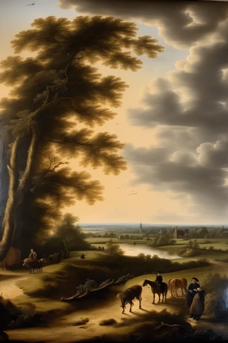 <lora:Salomon van Ruysdael Style:1>Salomon van Ruysdael Style - A realistic 17th-century landscape inspired by the works of Aelbert Cuyp, Pieter de Molijn, Pieter Nicolaes Spierinckx, Nicolas Poussi, Jacob van Ruisdael. Capture the serene mood of the european Golden Age with a vast open field stretching into the distance. Include rolling hills and a winding river that reflects the soft light of the setting sun. Pay attention to the details of the flora and fauna, showcasing the lush greenery and wildflowers of the countryside. The key focus should be on the dramatic clouds that fill the sky, casting shadows on the landscape below. Emphasize the play of light and shadow, creating a sense of depth and perspective. Use a combination of warm and cool tones to evoke the atmospheric conditions of the scene. For the camera setup, use a wideangle to capture the level of detail and tonal range present in Cuyp's paintings. Choose a wide-angle lens, such as a 12mm or 35mm, to encompass the vastness of the landscape and enhance the sense of depth. Set the aperture to a medium value, around f/8, to ensure a good balance between sharpness and depth of field. Consider using a tripod to maintain stability during the longer exposure times that may be necessary for optimal lighting conditions. Lastly, take your time to compose the shot, considering the rule of thirds and the placement of key elements within the frame. Aim to create a composition that captures the essence of Cuyp's landscape paintings while adding your own personal touch