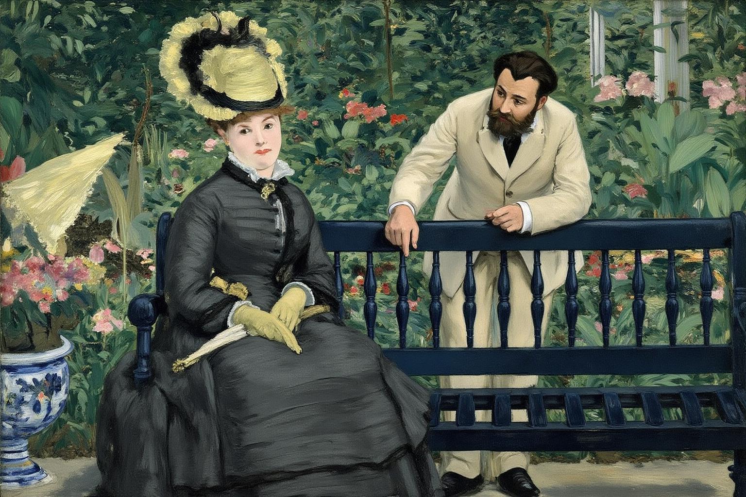 edmanet1 painting. An scene in a lush garden. 
On the left is a woman seated on a dark blue bench. She wears a dark gray Victorian-era dress, a light yellow hat adorned with flowers, and holds a matching parasol.  She is looking with a blank expression to the right.
On the right, Behind the bench stands a bearded man. He is leaning against the back of the bench, with back bent, and looking at the seated woman. <lora:edmanet1_cap_d6a3e13:1.0><lora:834401606322759173:0>