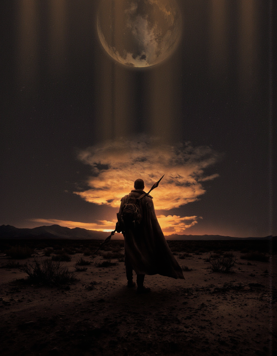 Art by Brooke Shaden & Piotr JabÃÂoÃÂski. A digital illustration shoot from a low-angle perspective about a silhouette of a man standing in a desert landscape, facing a distant sunset, holding a spear in his right hand. the man, who appears to be in his mid-twenties, is standing in the middle of the image, facing away from the viewer, with his back to the viewer. he is wearing a long, dark robe and has a backpack slung over his shoulder. the background features a vast expanse of desert with distant mountains and a distant planet, illuminated by a warm, orange glow from the setting sun. the sky is filled with dark clouds and streaks of light, creating a dramatic contrast with the man's figure. the overall mood is dramatic and moody, with a sense of mystery and adventure.