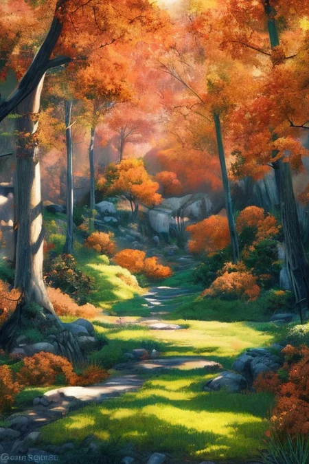Bittersweet, meadow, Bright Aspen trees in fall, red, yellow, orange, mountainside, stream, acrylic painting, trending on pixiv fanbox, palette knife and brush strokes, style of Makoto Shinkai,  Jamie Wyeth, James Gilleard, Edward Hopper, Greg Rutkowski, Studio Ghibli, Genshin impact , high resolution detail, studio photo quality  <lora:Art-full_v1:0.3>