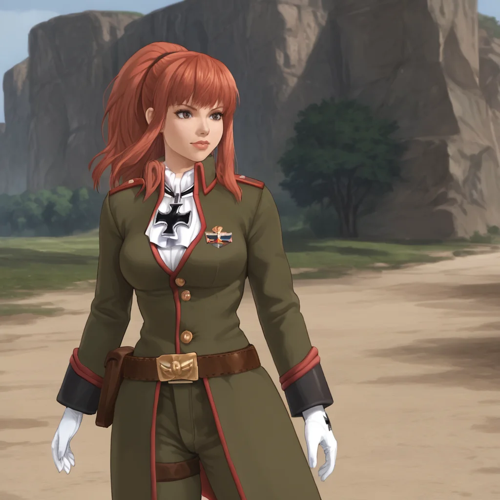 <lora:karinshadowheart_pony_v1:.8>KarinArmyShadowHeart, 1girl, white gloves, red hair, military uniform, belt, long hair, cowboy shot