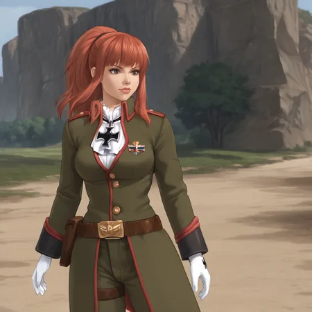 <lora:karinshadowheart_pony_v1:.8>KarinArmyShadowHeart, 1girl, white gloves, red hair, military uniform, belt, long hair, cowboy shot