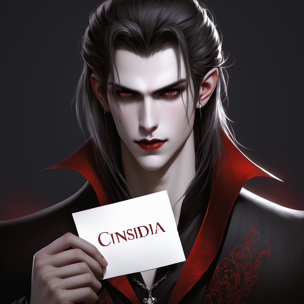 A handsome vampire male held a blank piece of paper with Cinsdia written on it
<lora:ancient_youth:1>