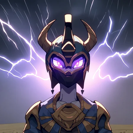 score_9, score_8_up, score_7_up, source_anime, solo, facing front, close up, upper body shot, eye contact, looking at viewer,
Solo focus, Storm God Mewtwo (purple skin, tail, horns, no ears, no nose, hairless, bald, glowing eyes),
Egyptian style clothes (robes and armor, headdress (helmet, crown, mask) , ancient egyptian clothes),
Floating in the air, arms outstretched, flying, purple lightning striking the earth,
Background (black sky, Sand dunes, thunderstorm, storm, hurricane, stormy sky, violet clouds) ,
<lora:pony/expressiveh:0.8> expressiveh,