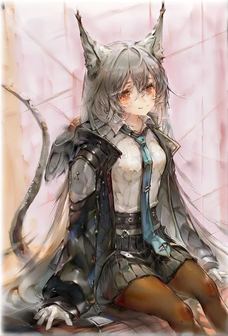 1girl, arknights,
animal ear fluff, hood, small breasts, collared shirt, smile, necktie, long sleeves, pantyhose, pleated skirt, very long hair, white shirt, jacket, gloves, simple background, black jacket, open jacket, red eyes, skirt, hood down, white gloves, breasts, shirt, hair between eyes, long hair, solo, open clothes, feet out of frame, blush, sitting, grey hair, blue necktie, hooded jacket, closed mouth, tail, brown pantyhose, animal ears, looking at viewer, black skirt
<lora:mori:1>