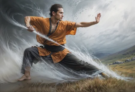Charcoal and chalk drawings. Sketch. mj, RTX, 4k, HDR, Tibetan monk in motion, master of the element of Air, standing on a mountain peak and pushing ((vortex hurricane wind: 1.4)) unearthly and powerful, reflecting the monk's control over Air. His robes flutter gracefully in the wind, and his serene expression radiates wisdom and skill. (((In the background there is a mystical ancient temple in the distance))), first snow, flakes, partial snow cover, film frame, breathtaking, falling leaves, melancholy mood, nature's farewell in the rustle of gusts of wind, photorealism, film grain, film frame, bokeh, intricate detail, perfect composition, Anna Razumovskaya, Casey Baugh, Antonio Mora, Aminola Rezai, Giovanni Boldini, art