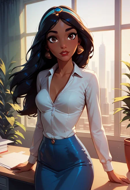 score_9, score_8_up, score_7_up, score_6_up,
masterpiece, (high quality), (high resolution), (incredibly detailed), detailed scenery, 
portrait, 
artificial light, cinematic, volumetric lighting, depth of field,  
1girl, Jasmine, solo, attractive, 
perfect face, perfect anatomy,  
dynamic pose, 
Jasmine, dark skin, brown eyes, black hair,  
white formal shirt, office blue skirt, 
make-up, medium breast, 
Expressiveh, 
indoor, office, secretary
desk, office, windows, city aerial, 
modern, volumetric light,