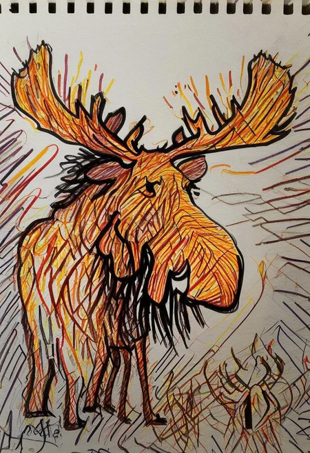 moose, animal, no humans, colorful marker drawing, pen drawing, autumn colors,