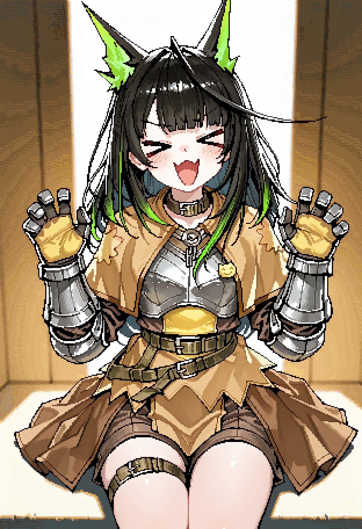 (semirealistic:0.5), (Quasarcake:0.5), (Ssambatea:0.7),
solo, mon3tr, multicolored hair, black hair, long hair, bangs, ahoge, cat ears, 

thigh strap, collar, sleeves past wrists, smile badge
dungeon, interrior, fantasy,
sit, closed eyes, >_<, > <,
hands raised to the viewer,  
ragnarok online, swordman, armor, shorts, brown overskirt, swdro, breastplate, brown capelet, belt, armored gloves, gauntlet, yellow gloves, frills


masterpiece, best quality, 
<lora:Mon3tr_App1e17_v10_Illustrious:1.0>
<lora:Swordsman(female)_baipaiyok_v50_Illustrious:1.0>
<lora:Pixel_Leonmitchelli_v01_Illustrious:1.0>
