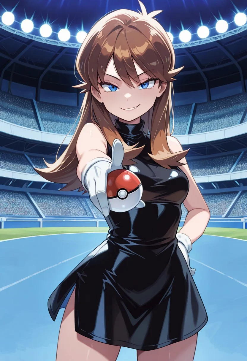 masterpiece, best quality, amazing quality, Blue_PokeSpe, blue eyes, brown hair, black dress, white gloves, solo, 1girl, smirk, stadium, audience, (Blastoise), looking at viewer, Pokemon, holding Poke_ball, pointing at viewer,