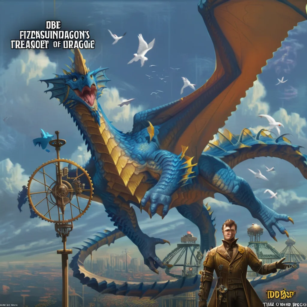 1boy, gloves, bird, sky, dragon, solo, artist name, steampunk