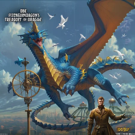 1boy, gloves, bird, sky, dragon, solo, artist name, steampunk