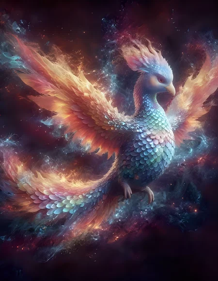 a phoenix on flames, red eyes, cosmic background, dramatic lighting, dispersion effect, style by nty, p1nk1r1sc4l3s, made out of iridescent scales