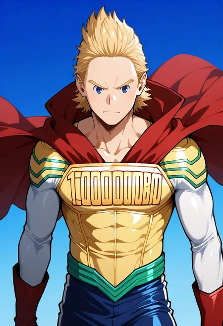 masterpiece, best quality, , semi-realistic, , 1boy, solo, male focus, <lora:mirio_toogata_ilxl:0.94>, mirio_toogata, blonde hair, blue eyes, short hair, , bodysuit, superhero, red cape, ,