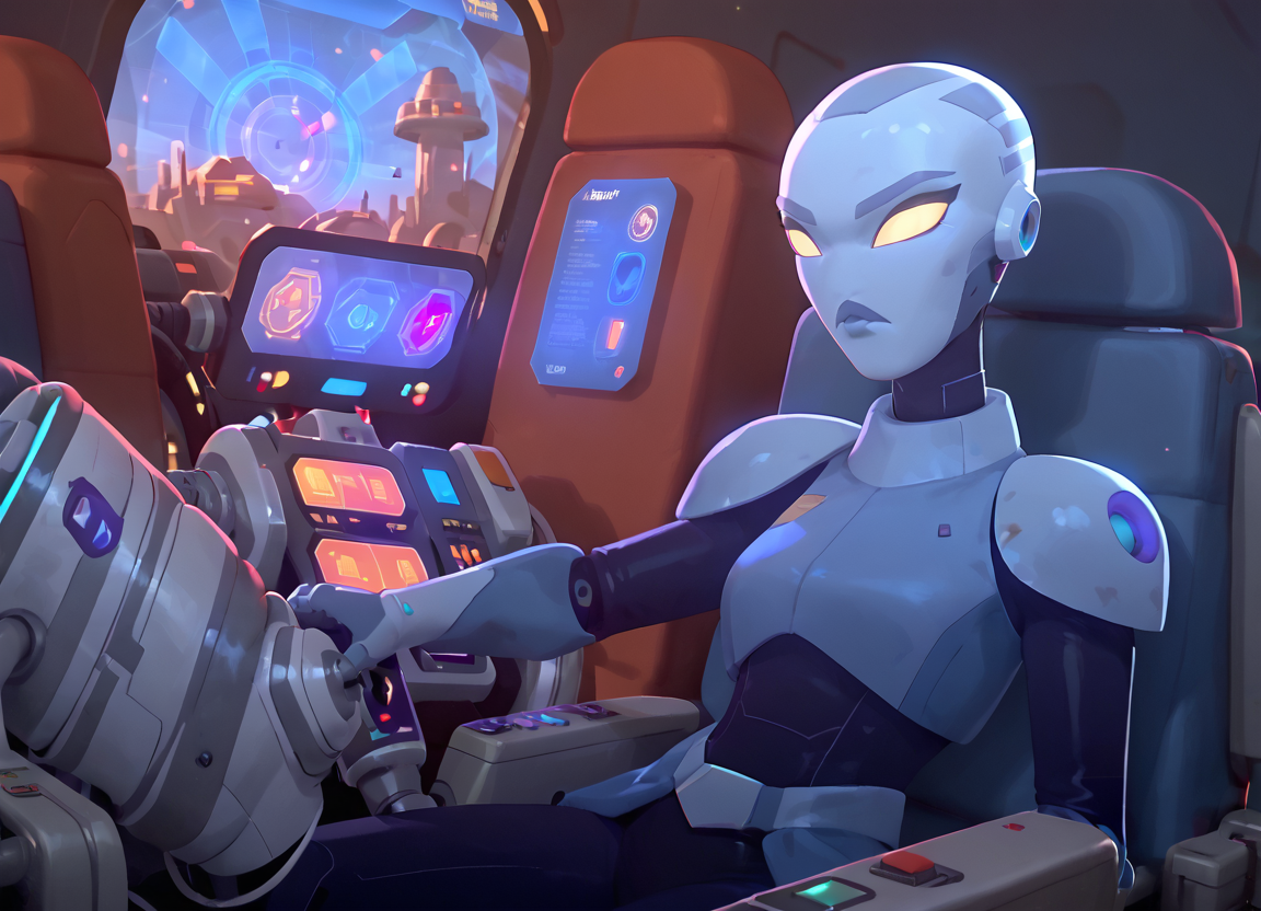 score_9, score_8_up, score_7_up, C-LA, robot, sitting, cockpit, spaceship, holographic display
