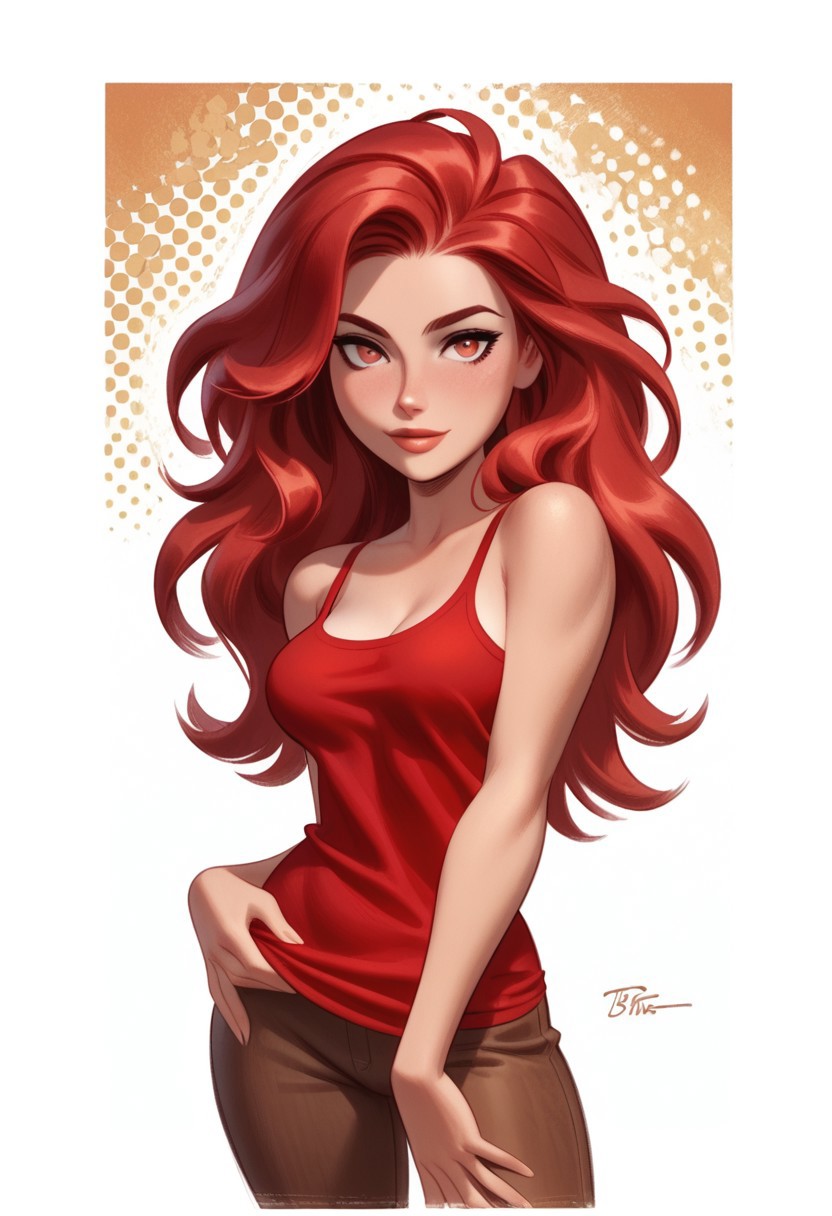 score_9, score_8_up, score_8_up, btimmsketch, (cowboy shot:1.1), 
1girl, erosred, high details, cartoon style, red eyes, red hair, big hair, long hair, tank top, sleeveless, red shirt, brown pants, 
sexy pose, halftone effect, white borders, abstract background:1.2