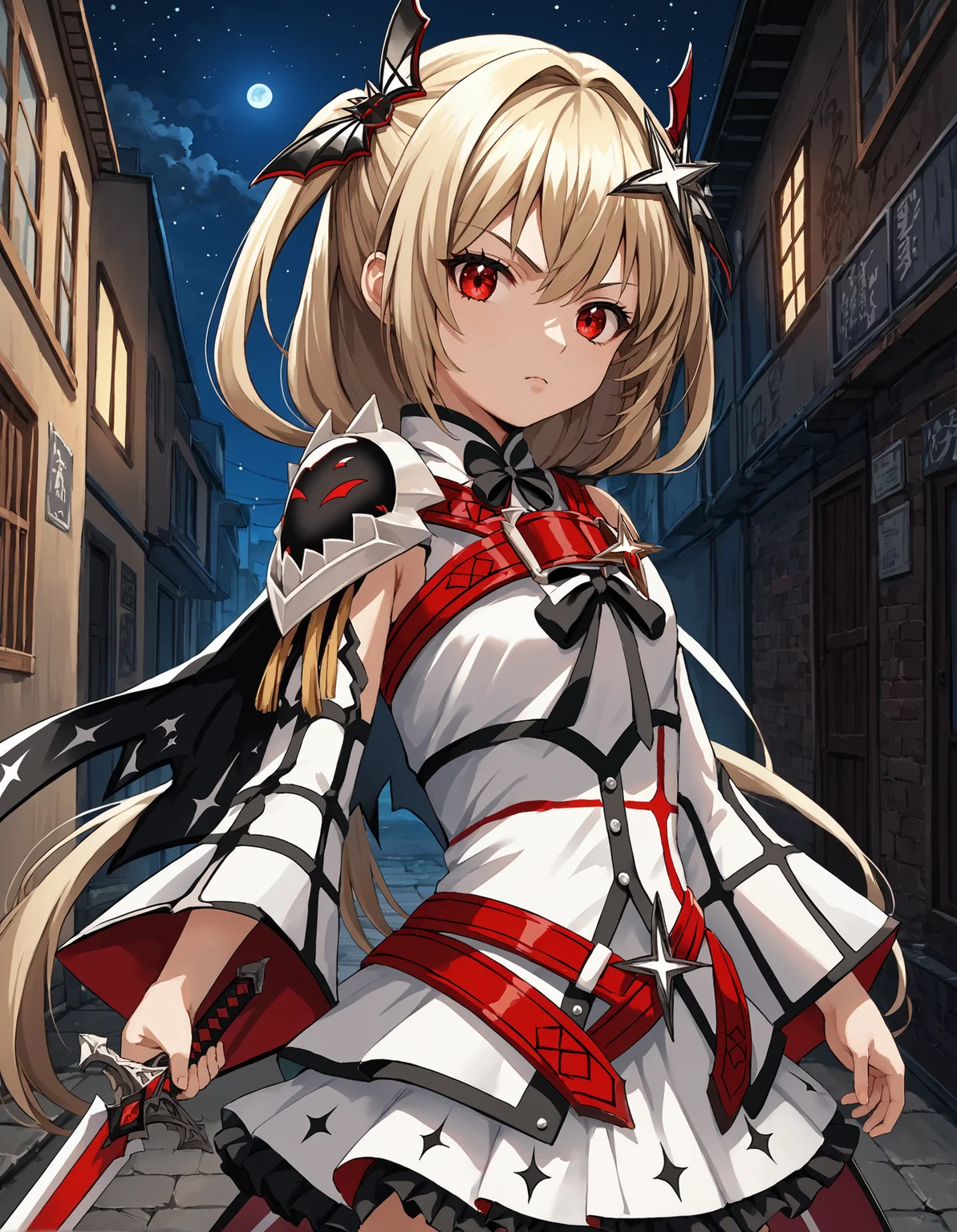 score_9, score_8_up, source_anime, 1girl, upper body, medium shot, detailed, mgrcirinakushu, kshmgc, blonde hair, low ponytail, red eyes, looking at viewer, bat hairpins, single pauldron, black side cape, white collared dress, white detached sleeves, black stripes, red belt, black bow, white frilled skirt, black frills, dynamic pose, outdoors, alley, dark, night, stars, moon, serious, holding sword, fighting stance, (side view:0.7), <lora:mgrcirinakushu_XL:1>