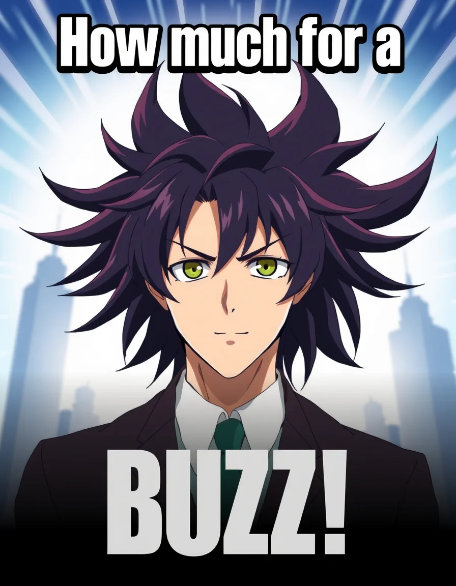 movie poster with BIG BOLD TEXT "How much for a BUZZ" written at the top with a man with comically long wild hair, anime artworkâââ