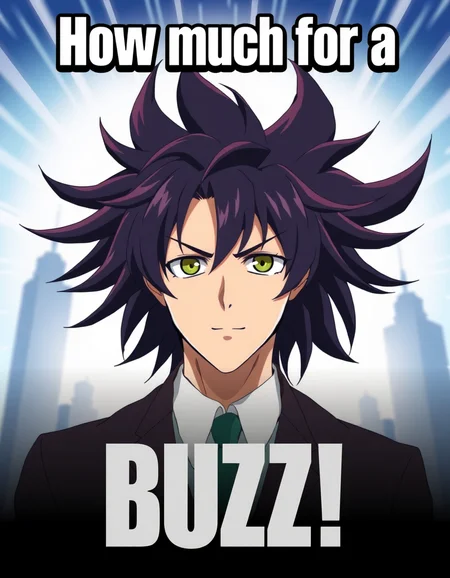 movie poster with BIG BOLD TEXT "How much for a BUZZ" written at the top with a man with comically long wild hair, anime artworkâââ
