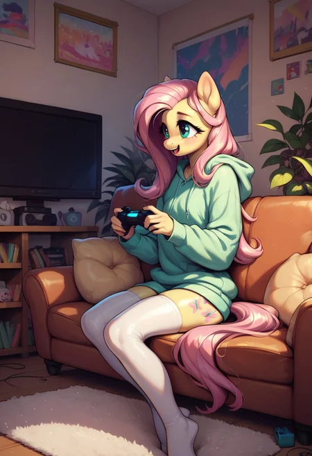 score_9, score_8_up, score_7_up, score_6_up, semi-realistic artwork, detailed background, high quality, vibrant colors, best quality rendering, intricate details, high resolution, sharp focus, best render quality, (background-living room, couch, television, videogame), side view,
1girl, solo, {Fluttershy (anthro pony) long hair, 18 yo, narrow shoulders, skinny, shiny skin,
oversized hoodie, white thigh-high socks,
dynamic pose, sitting couch, holding controller, playing videogames,
shy, happy,