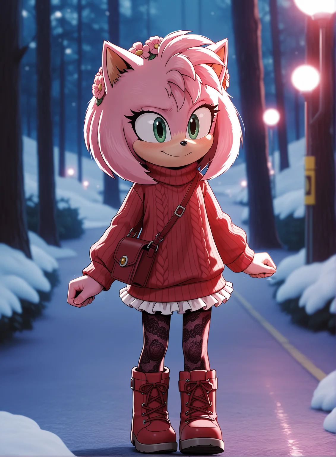 1girl, solo, full body, no humans, furry, blurry background,
<lora:Movie-Amy_v3:1> movieamy, petite, short legs, happy, smile, short,
mori girl, oversized sweater, frilled skirt, lace pantyhose, satchel, flower crown, (medium shot), trekking through a forest, detailed face, located in a winter scene at a wintry snow-covered garden during night with windy weather, illuminated by streetlights casting shadows, creating a festive,peaceful atmosphere, extremely detailed, highres, masterpiece, best quality