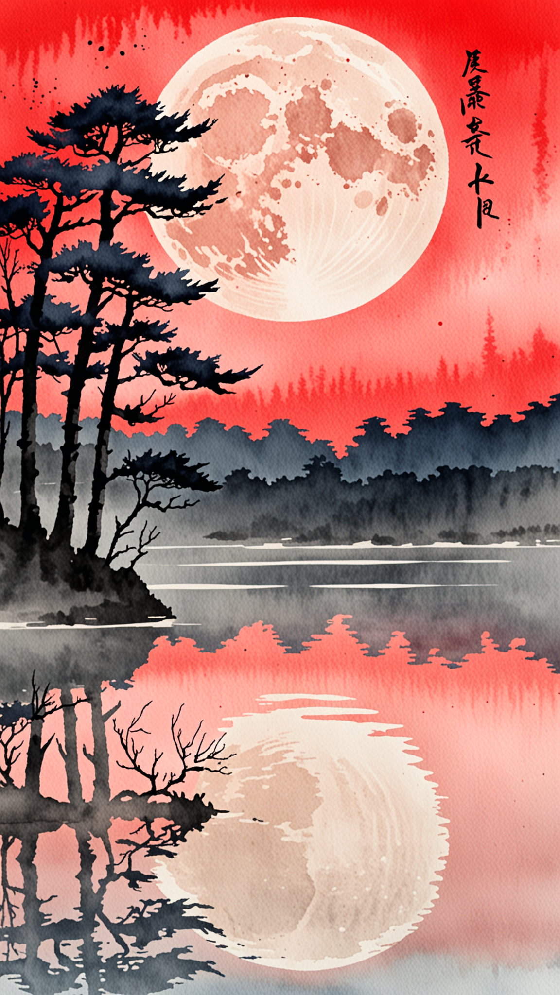 Watercolour paint effect, red moon, Lake, japanese writing, ripples, sky, trees, reflection, <lora:Paint_Effects_SDXL_-_By_DICE:1>, Watercolour Paint Effect